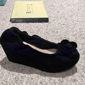 Black suede platform ballet wedge.
